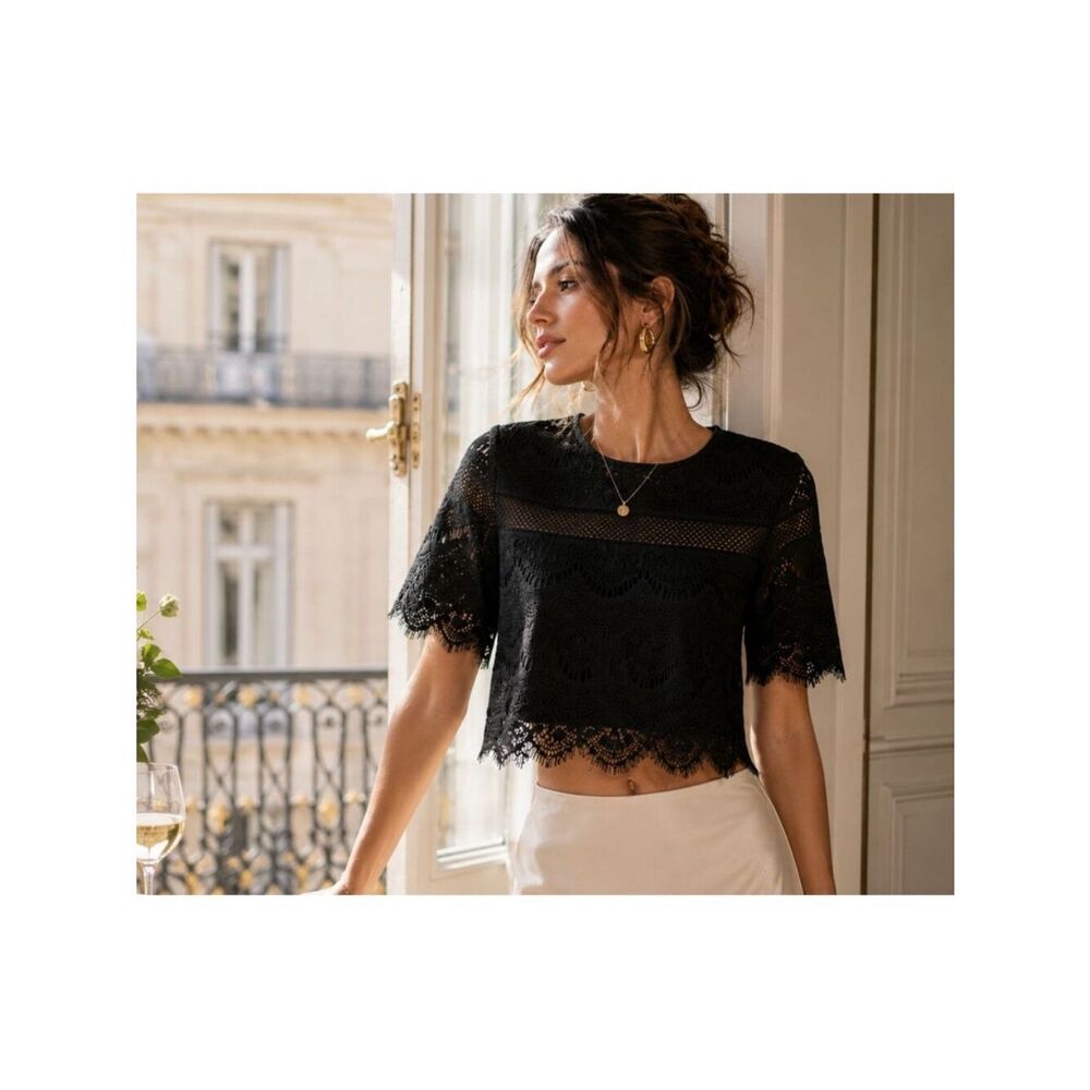 Express Black Lace Mesh Design Zip Up Crop Top Feminine NWT Top Only